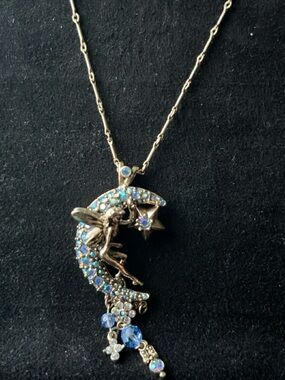 Kirks Folly Silver Fairy Crescent Moon Necklace with Blue Crystals